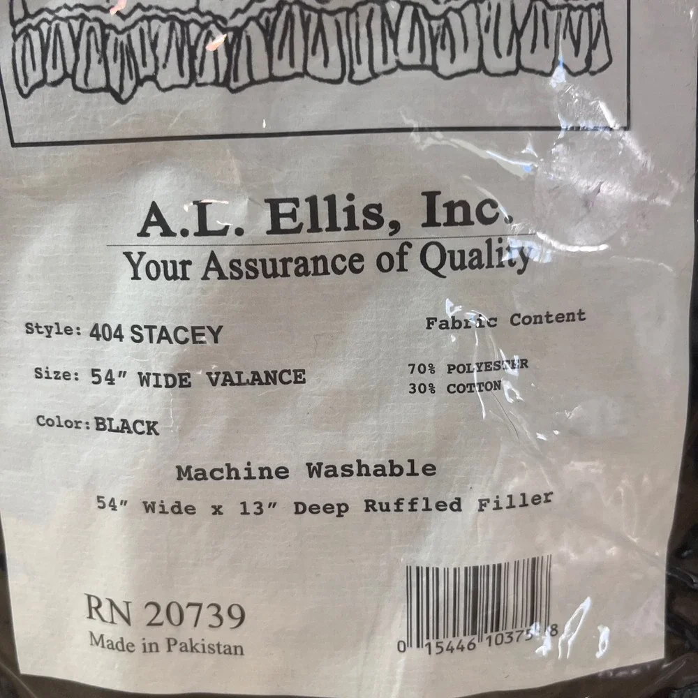 A.L. Ellis Ruffled Filler Valance Black 54x13 Stacey Vtg Style New